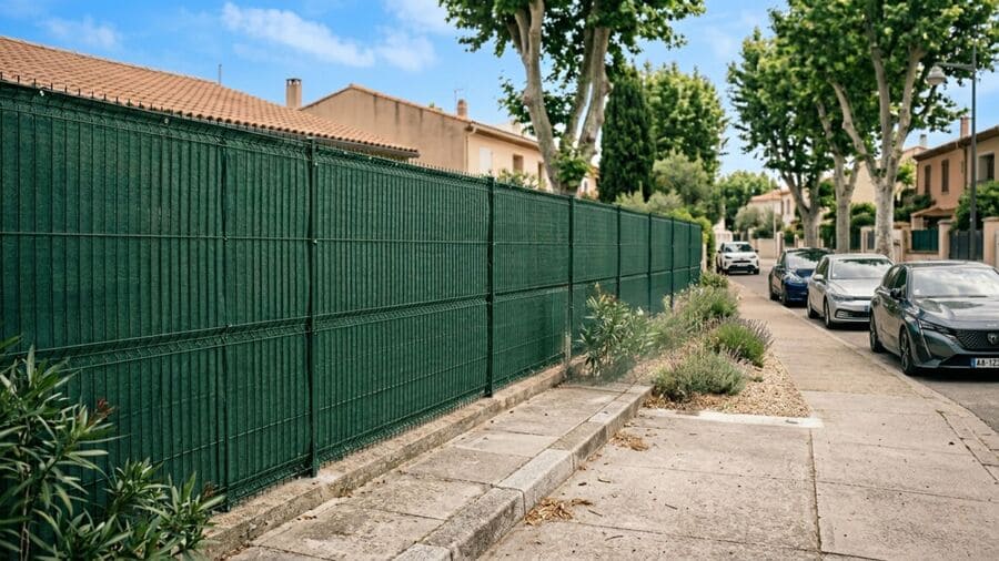 Un brise-vue fixé au grillage d'une maison
