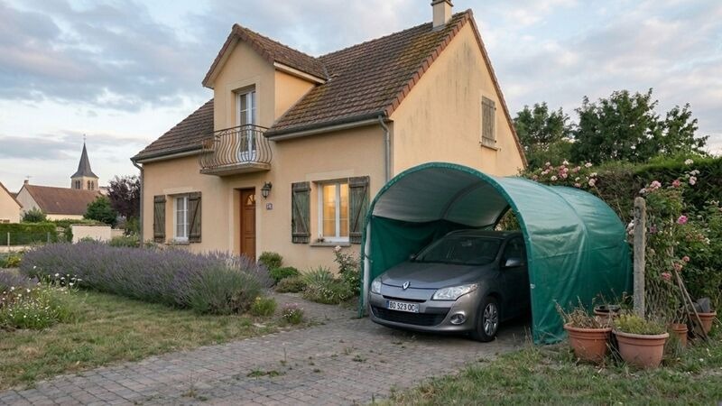 Un abri tunnel voiture à côté d'un maison