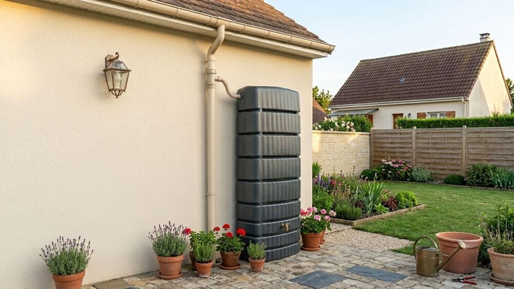 Récupérateur d'eau de pluie gris relié à une gouttière contre le mur d'une maison