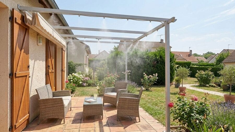 Kit brumisateur installé sur une terrasse.